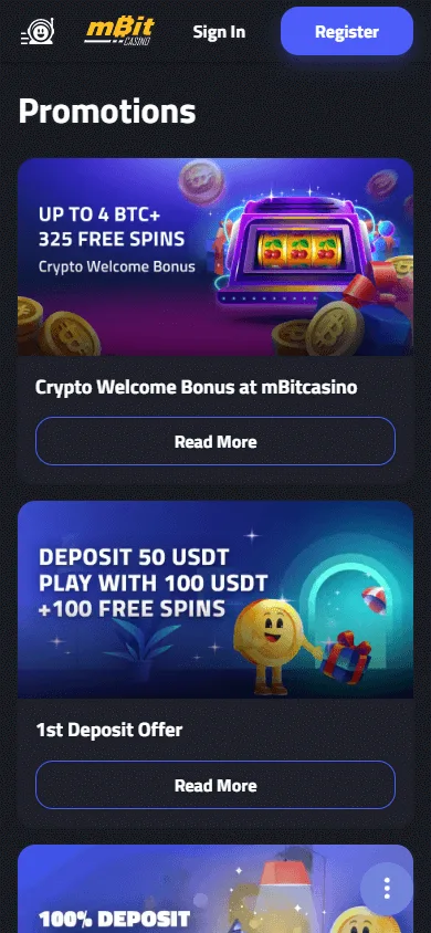 Mbit Casino mobile promotions view