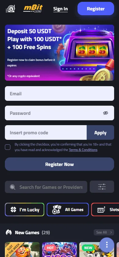 Mbit Casino mobile home view