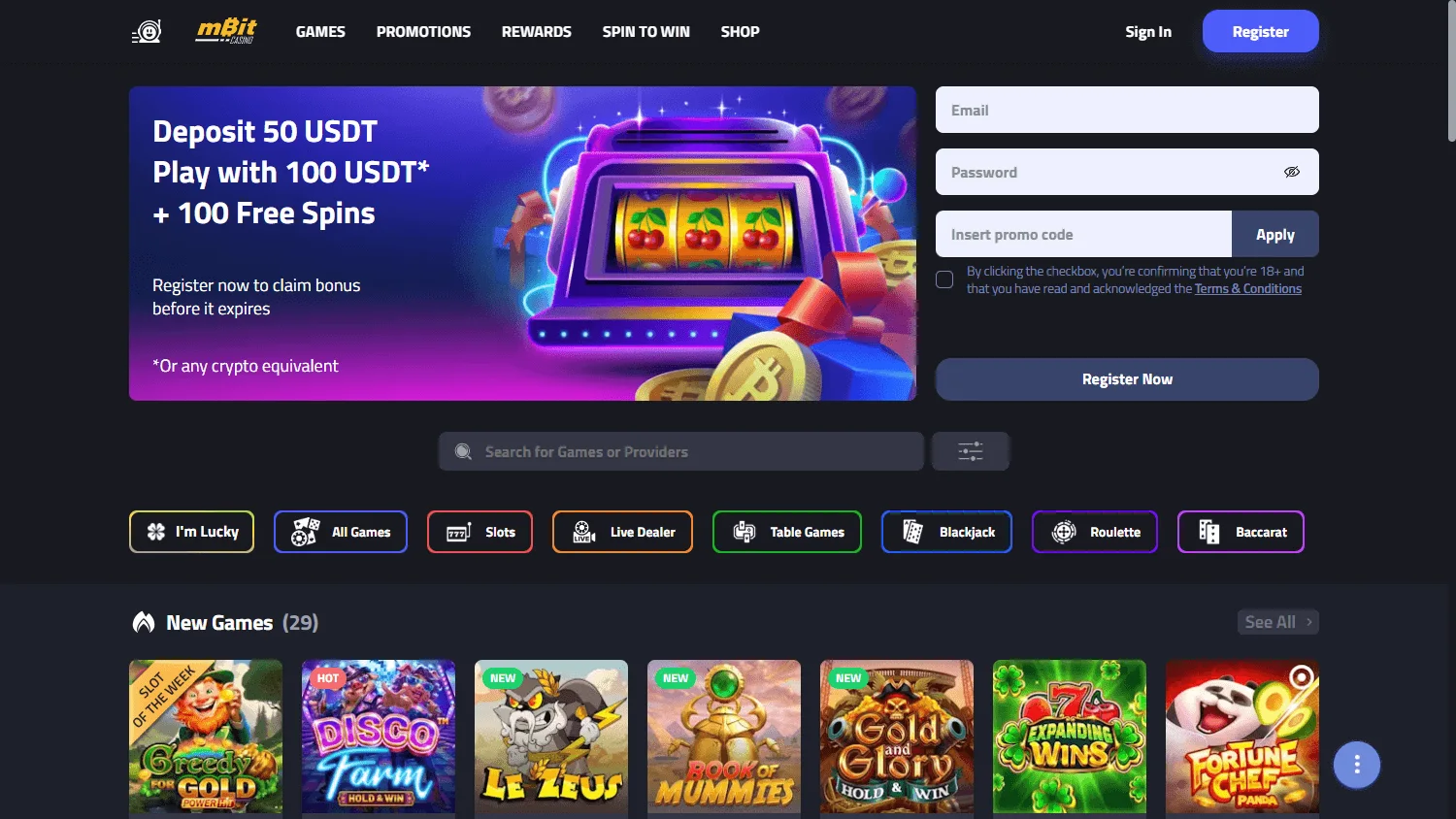 Mbit Casino desktop home view