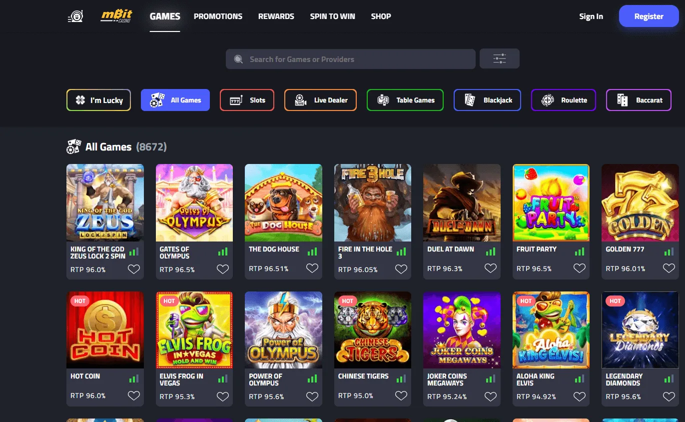 Mbit Casino desktop games view