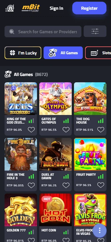 Mbit Casino mobile games view